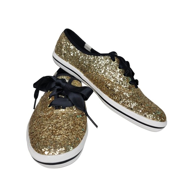 Kate Spade New York keds NIB Women's Gold Glitter Sneakers Sz 6.5M ribbon Laces - Picture 3 of 14